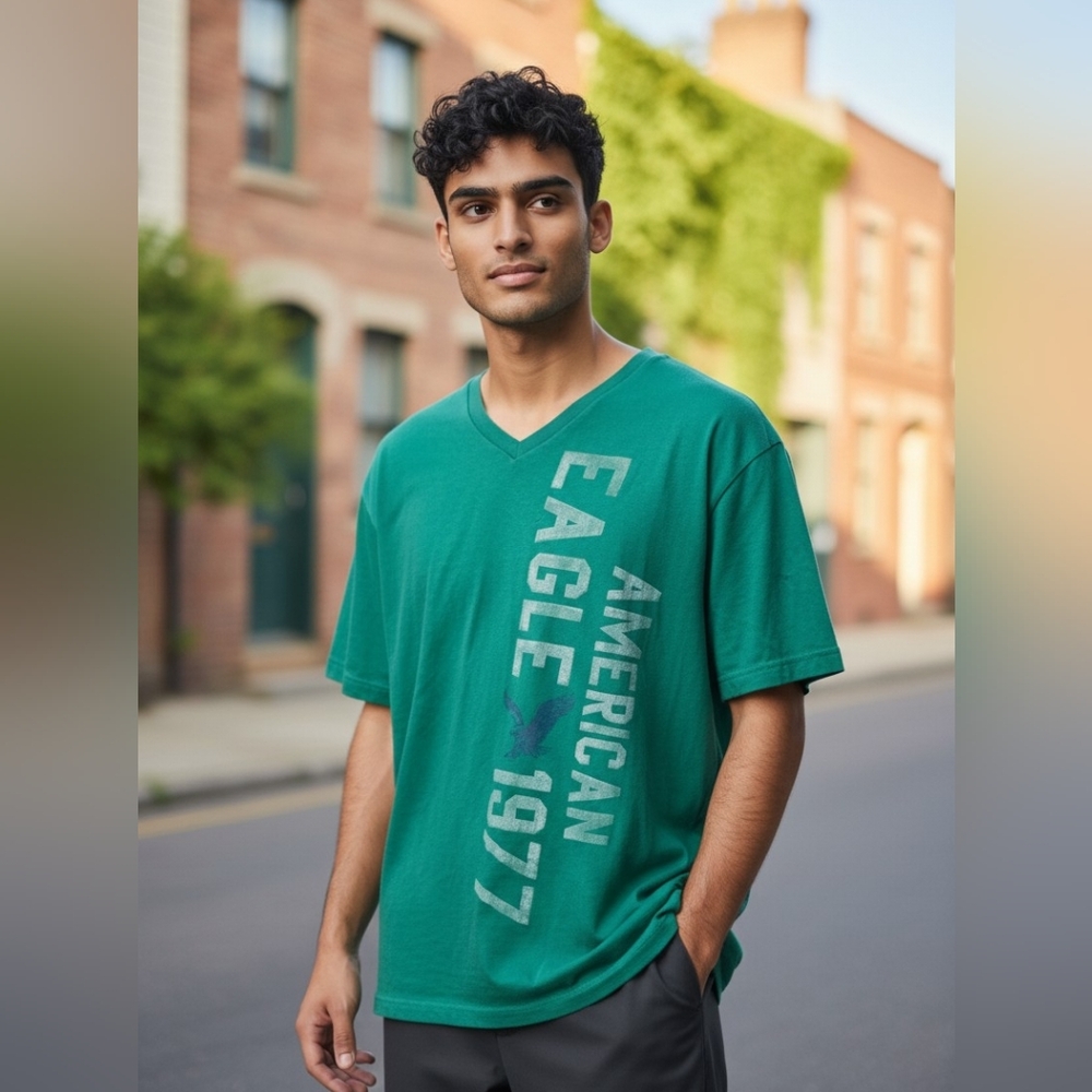 American Eagle Outfitters Graphic T-Shirt Mens XL Green V-Neck Classic Fit Eagle